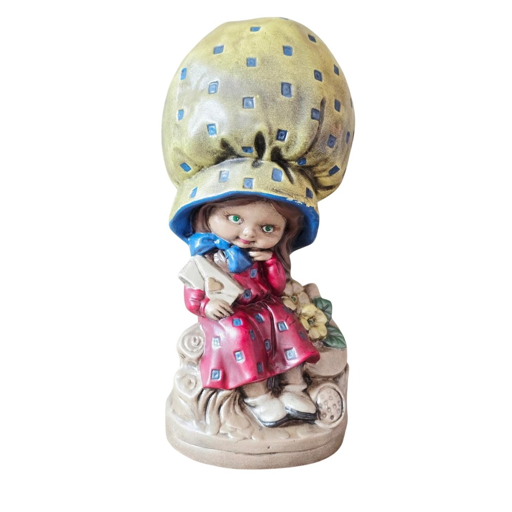Vintage 1973 Jill Ceramic Creepy Holly Hobbie Girl Figurine Large Bonnett 10in